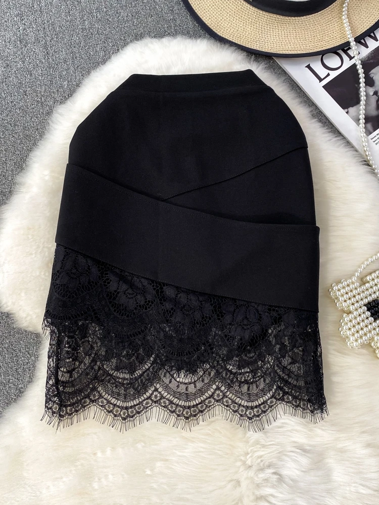 OL Career Lace Splicing Anti-Light Super Short Skirt Elastic Slimming One-Step Bodycon  Skirt Summer High Waist Pure Colo...