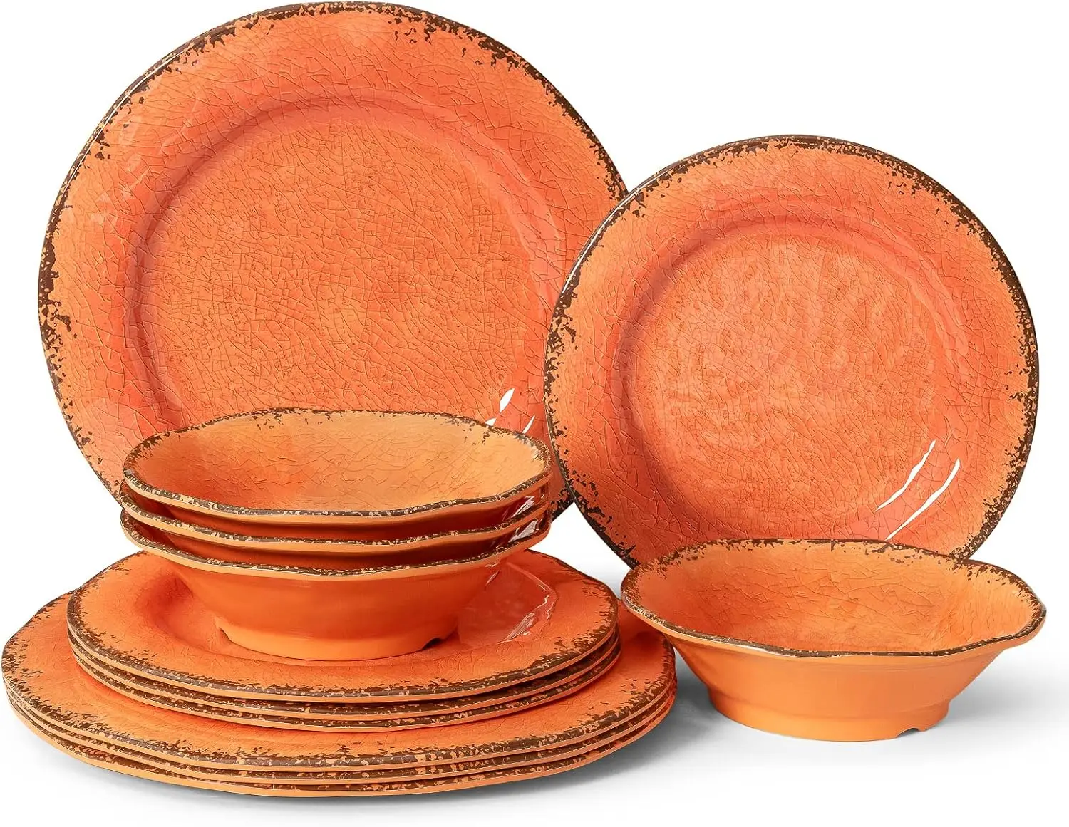 

12 Piece Crackle Lightweight Melamine Dinnerware Set-Service for 4, break-resistant and Durable Rustic Plates and Bowls