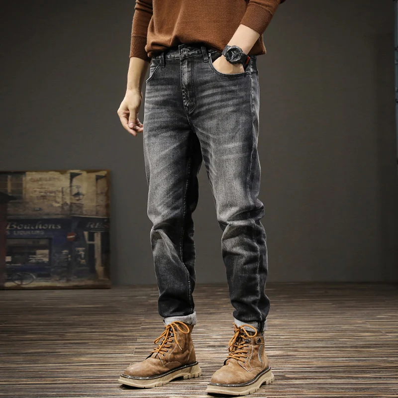 Streetwear Fashion Men Jeans Retro Black Gray Stretch Slim Fit Ripped Jeans Men High Quality Vintage Designer Denim Pants Hombre