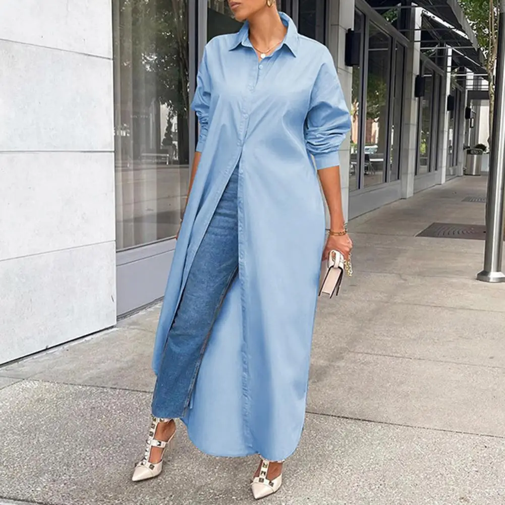 Trendy Straight Dress Versatile Long Shirt Long Sleeve Pure Color Oversize Maxi Shirt Cardigan Hem