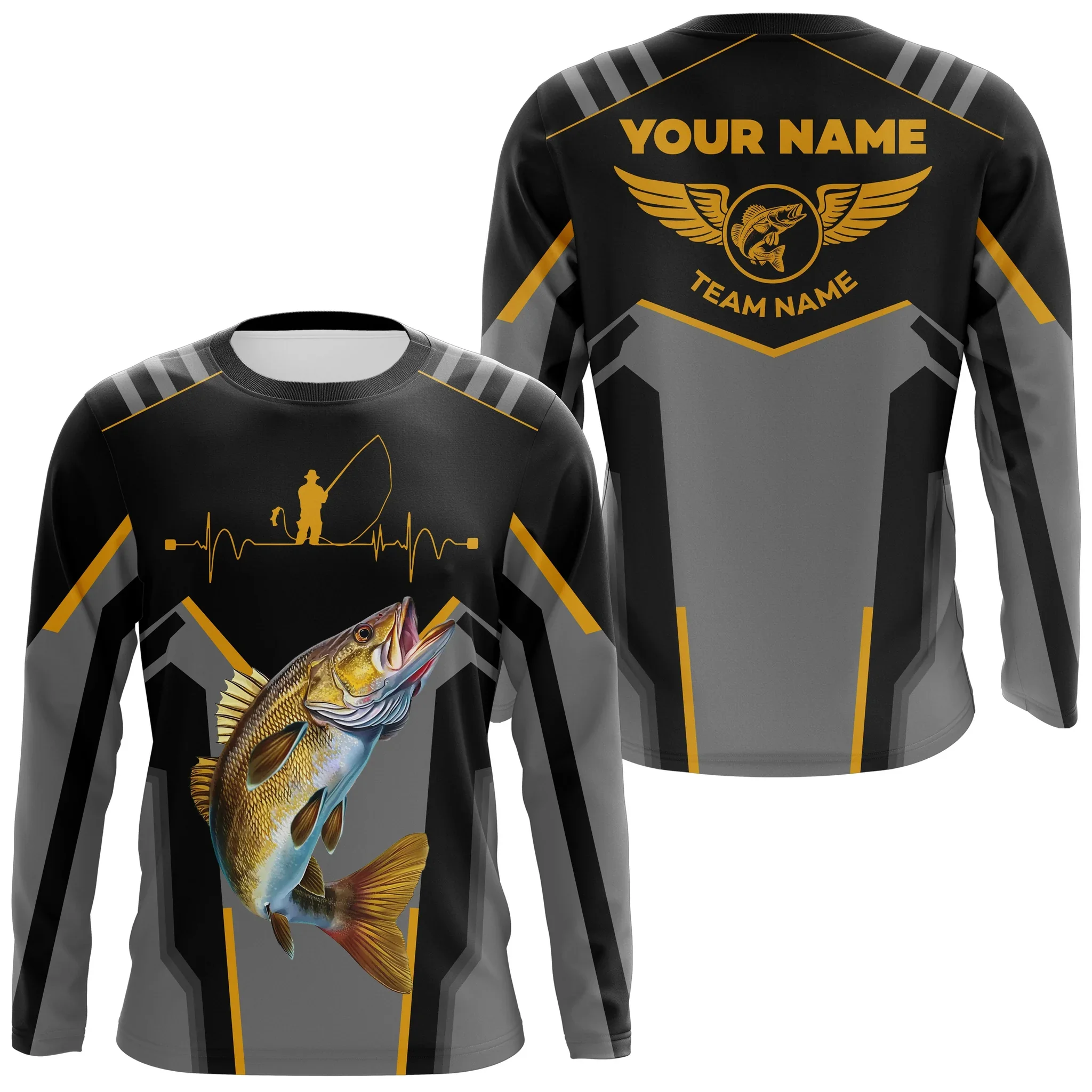 Fishing Inspired Long Sleeve T-shirts For Men Custom Name Team Walleye Fish Graphic Breathable Performance Tops Clothing