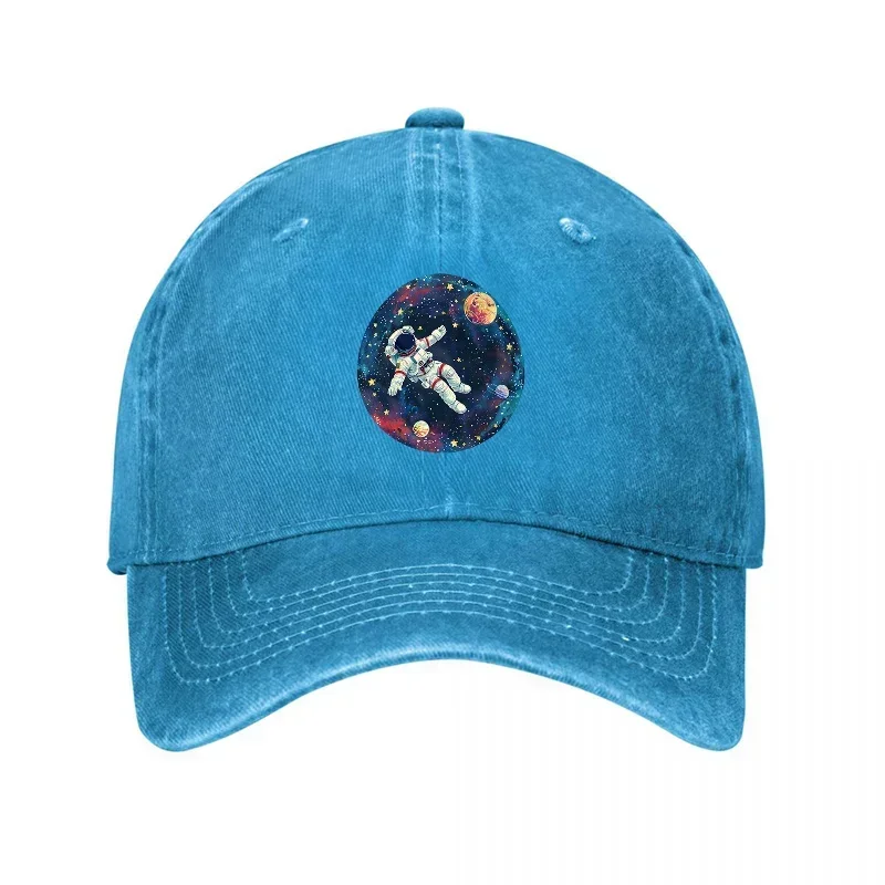New Astronaut Space Galaxy Embroidered Washed Denim Baseball Cap Vintage Style Unisex Adjustable Hat Fashion Accessory