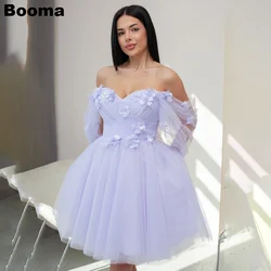 Booma Lavender A-Line Short Prom Dresses Off Shoulder 3D Flowers Tulle Coktail Gowns for Women Birthday Party Dress