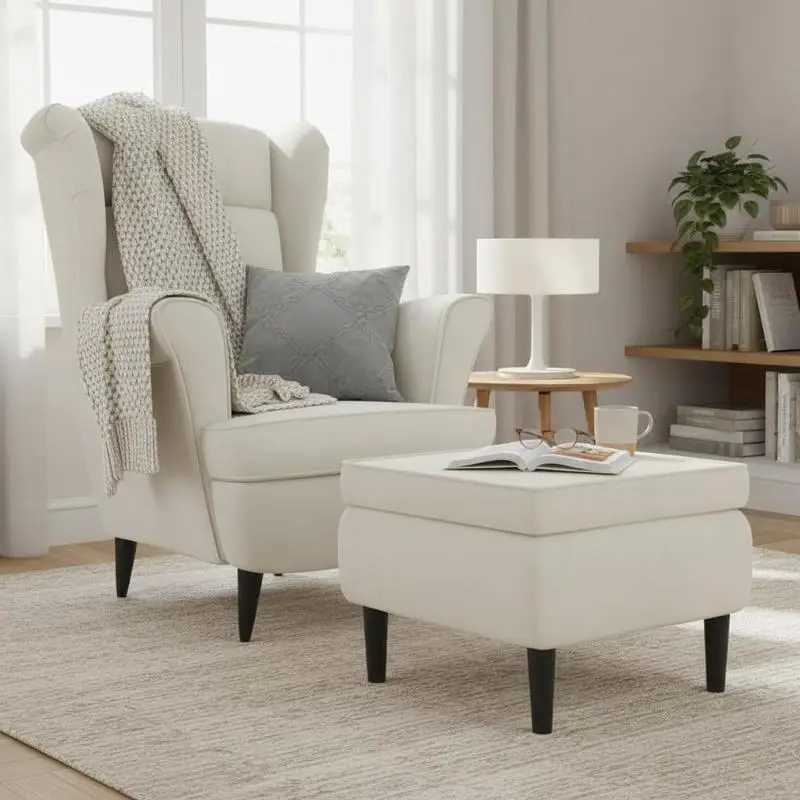 Fauteuil à oreilles en velours crème avec tabouret assorti, structure solide, confort optimal, charge maximale 110 kg, ensemble idéal pour salon et espace de détente. 78 x 90 x 96,5 cm