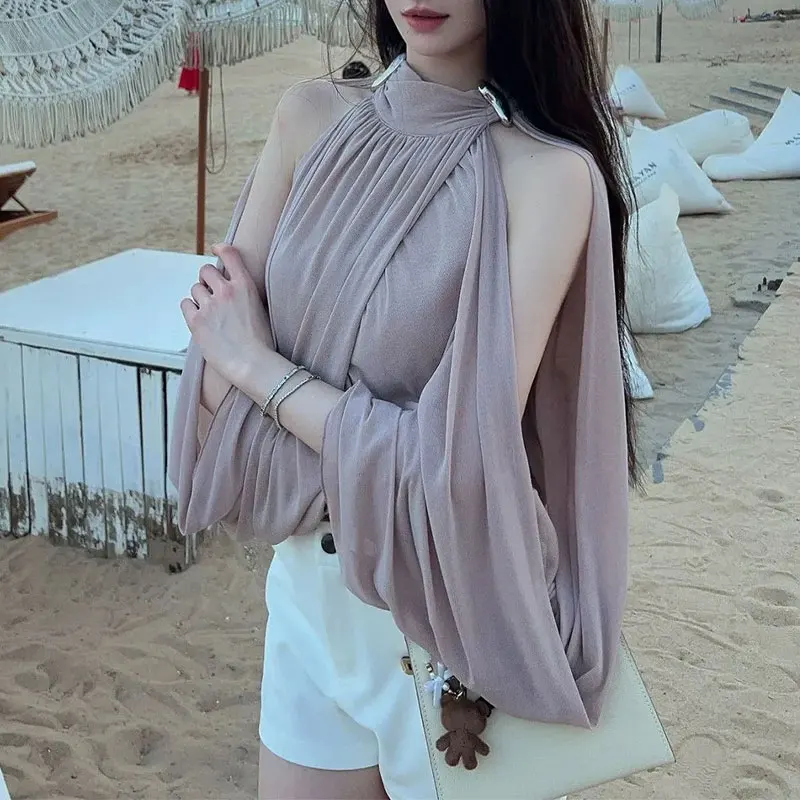 

Fashion French Style Halter Chiffon Aura Blouse Women's Clothing Cape Type Summer Solid Color Basic Off Shoulder Loose Shirts
