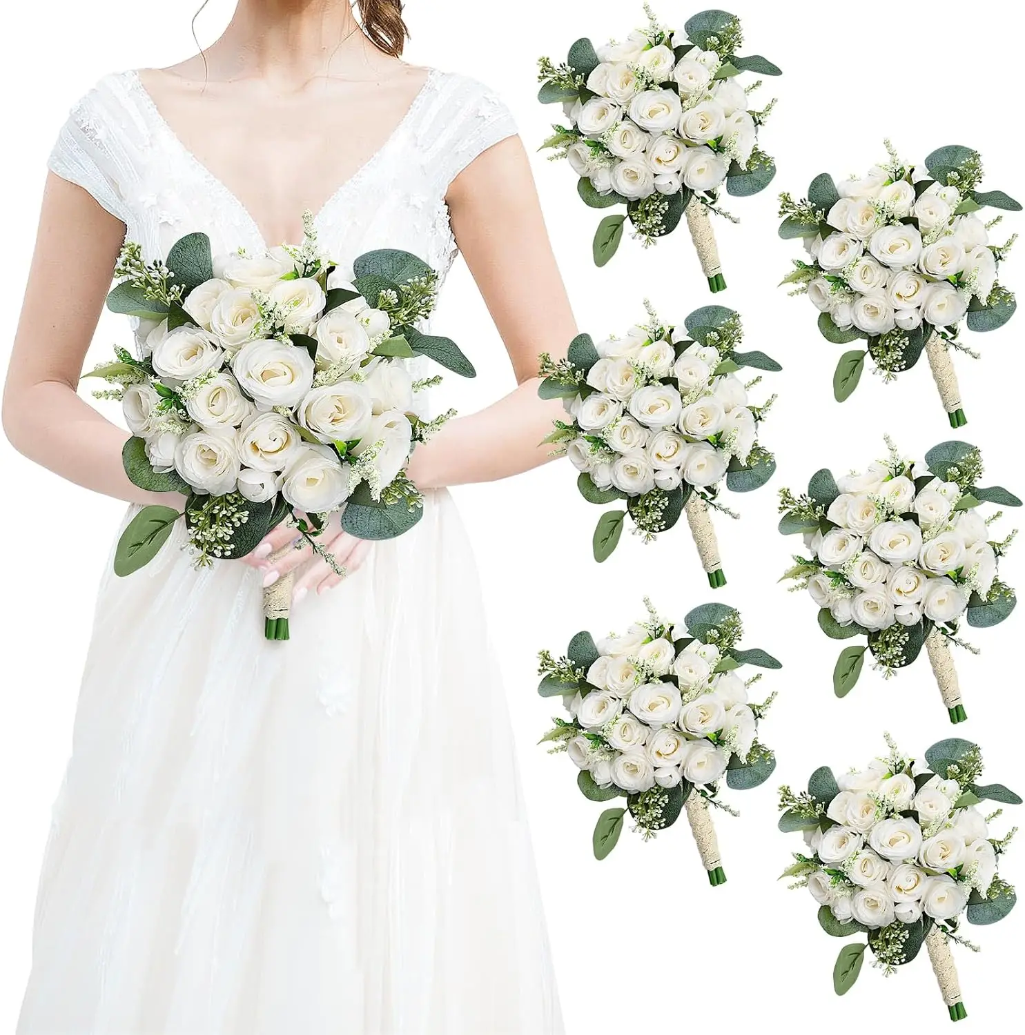 

6 Ivory White Artificial Rose Eucalyptus Bridesmaid Bouquets for Wedding Decor