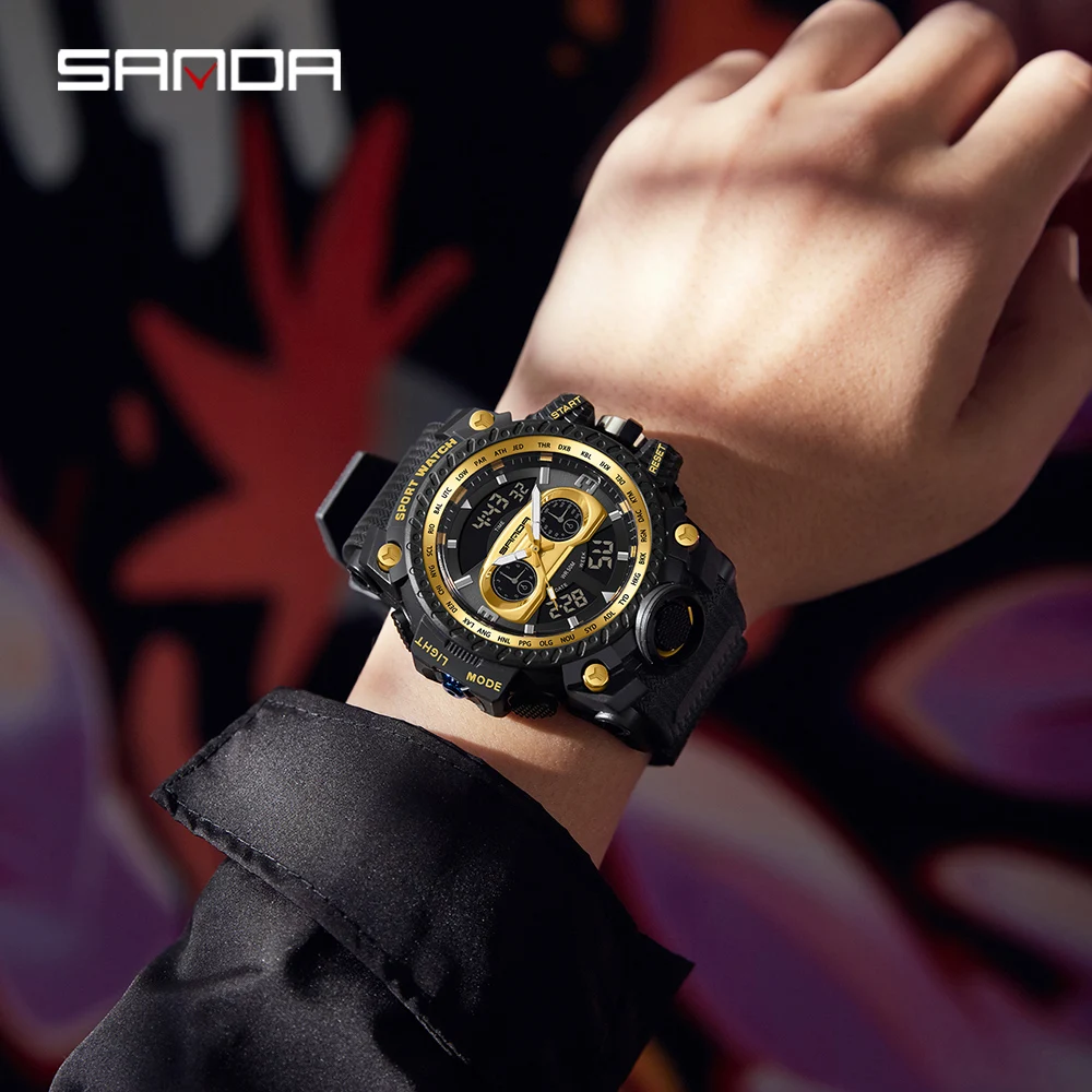 SANDA 3153 Men\'s Watches Sports Military Quartz Watch 50M Waterproof Dual Display Digital Wristwatch For Male Relogio Masculino