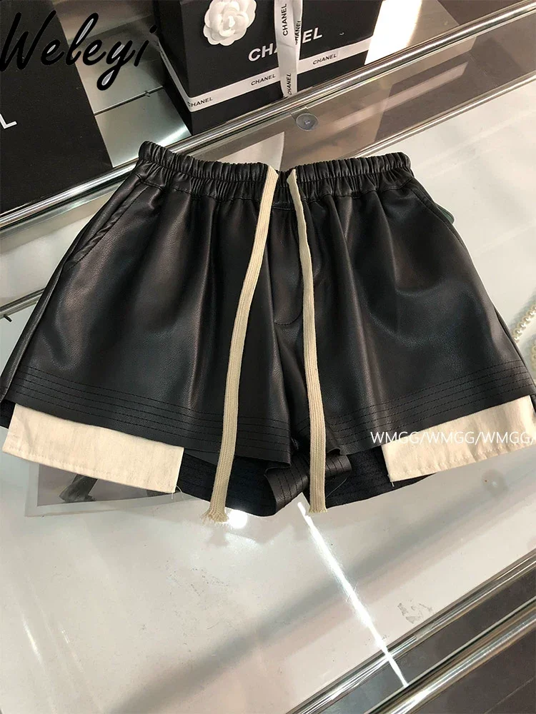 

Women's Matte Leather Shorts 2024 Spring and Autumn New Temperament High-waisted Color Matching PU Leather Short Pants Women