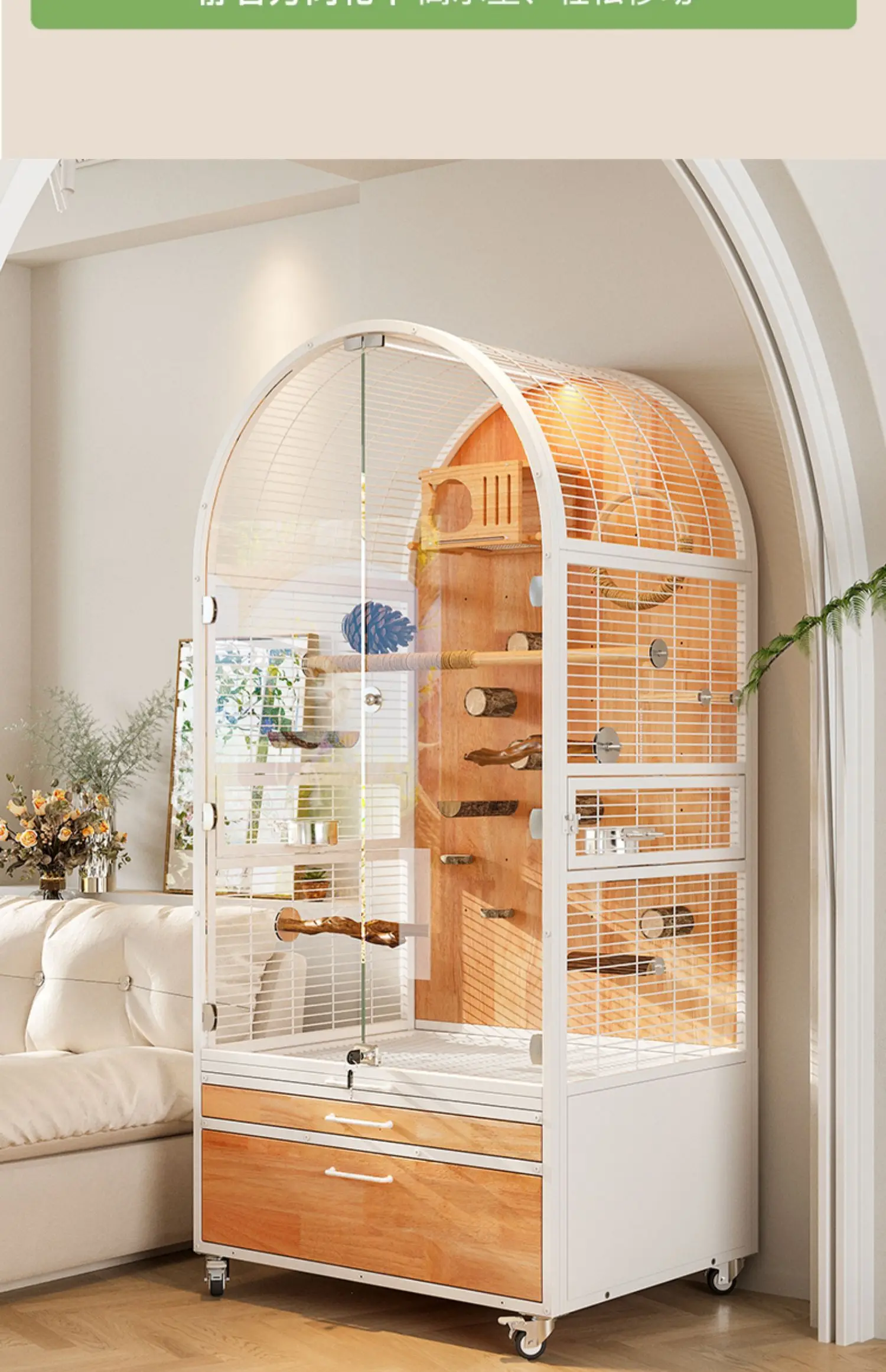 Barokke tuinpapegaai vogelkooi villa groot huis massief hout met roestvrij staal spatwaterdicht ecologisch ontwerp