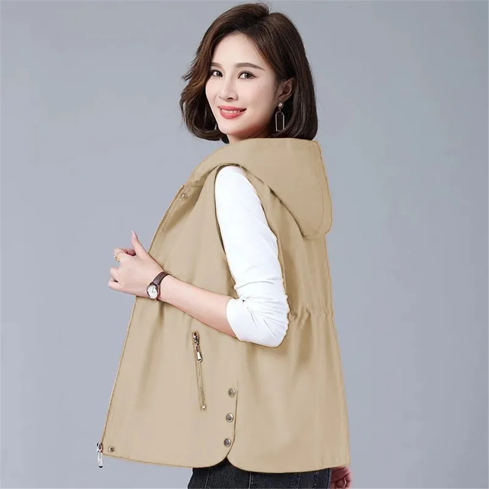 Women\'s Vest 2023 Spring Sleeveless Jacket Mother Clothes Solid Color Hooded Zipper Waistcoat Female Outerwear Casual Tops 4XL