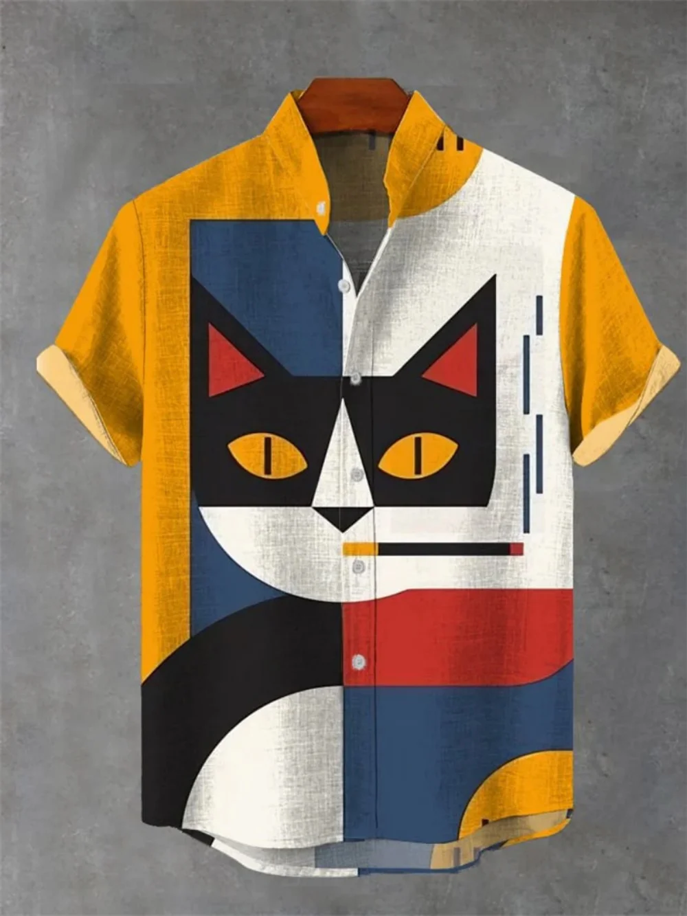 

Men's Short Sleeve Button up Shirt Cartoon Abstract Cat Print Stand up Collar High-Quality Linen Fashionable Trendy Clothing
