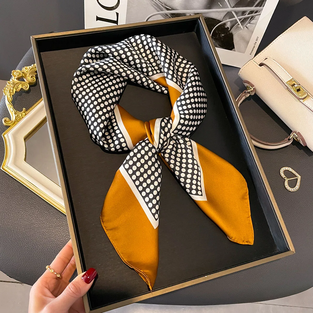 70*70cm Women Scarf Silk Feeling Hair Neck Square Brand Office bandanna muffler Waiter Flight Attendants Handkerchief Rings wrap