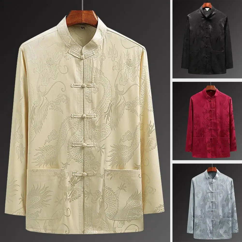 

Men Silk Satin Chinese Traditional Embroidery Dragon Hanfu Blouse Tang Suit Kung Fu Shirts Tops Jackets Cheongsam New Year Coats