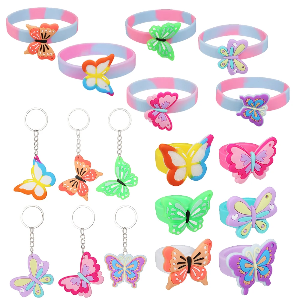 Butterfly Birthday Party Favor Cartoon Butterfly Keychain Rubber Ring Bracelet Girl Birthday Butterfly Themed  Party Decoration