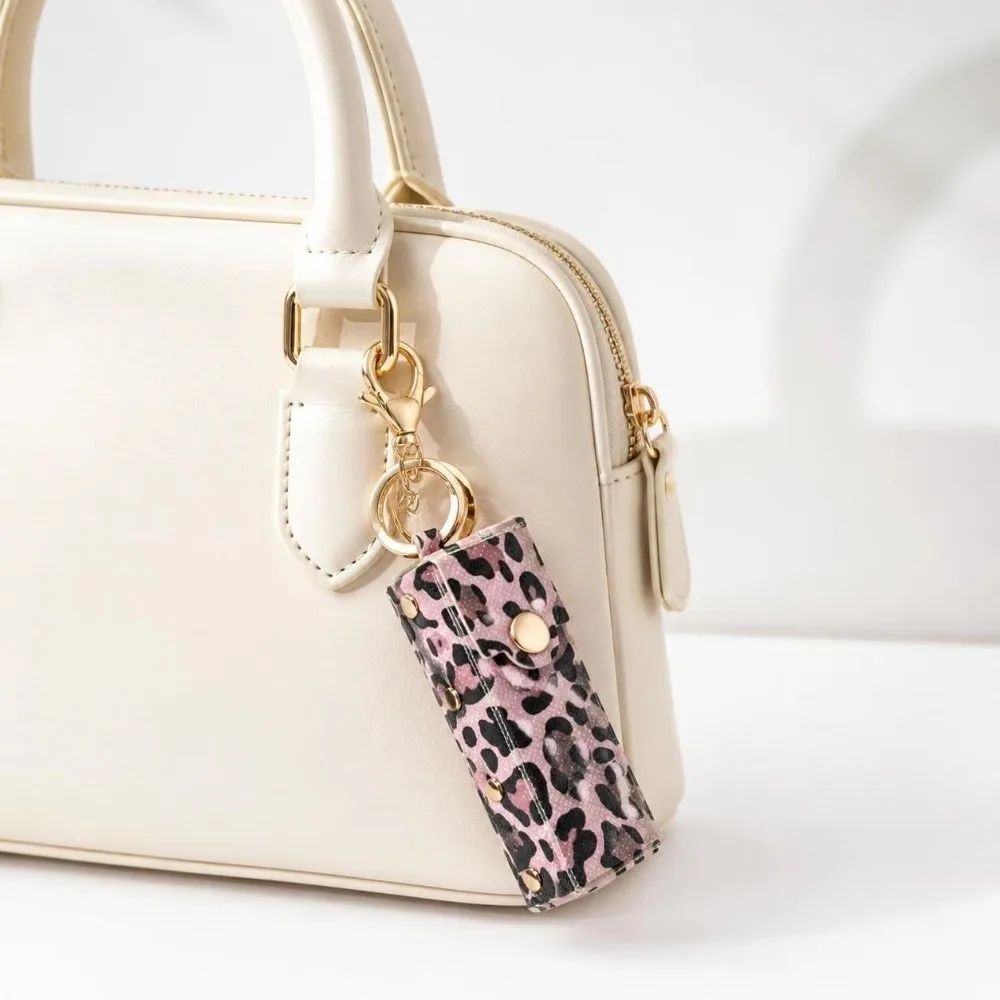 Trendy Leopard Print Leather Keychain Portable Lipstick Bag Keyring Pendant Key Ring Chain Bag Charm