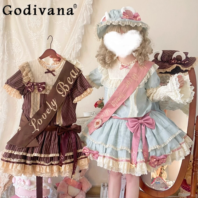 

Japanese Soft Girls Kawaii Dress with Hand Sleeves Spring and Autumn New Sweet Cute Bow Lolita Short Dress Y2K Birthday Dress