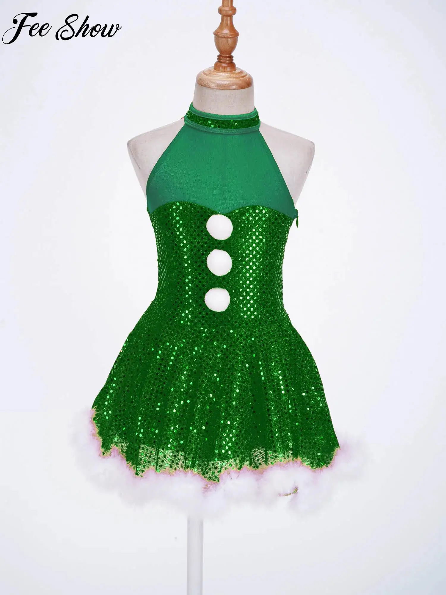 

Green Girls Christmas Dress Snowman Costume Sleeveless Mesh Splice Caged Back Sequins Ice Skating Fancy Dress Xmas Party Costume