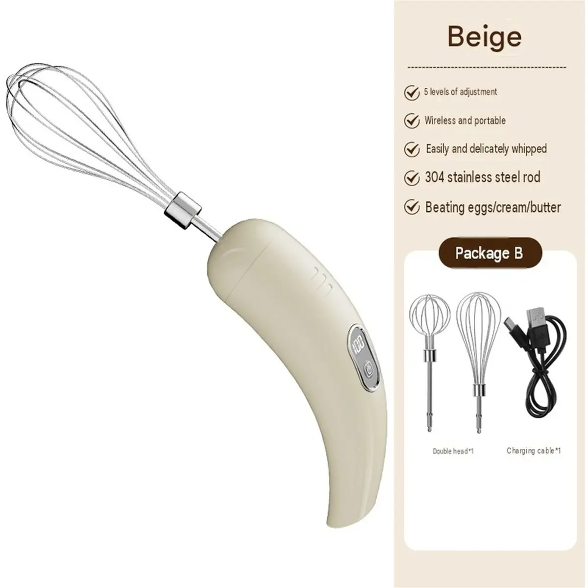 Cordless Hand Mixer with 5 Speed Modes, Handheld Electric Whisk, Hand Held Egg Beater with 2 Detachable Stir Whisks