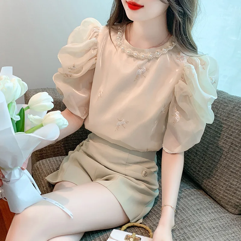 

French-style Embroidered Floral Shirt Women's Summer Collection Trendy Bubble Sleeve Top
