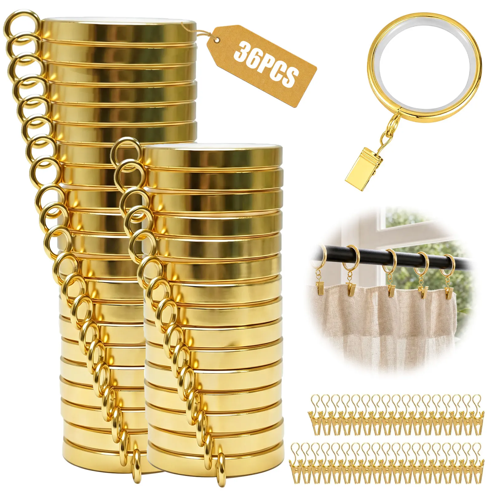36Pcs Curtain Rod Clip with Rings Hooks Retro Drapes Tie Buckles Home Bedroom Bathroom Decorative Hanger Shower Curtain Clips