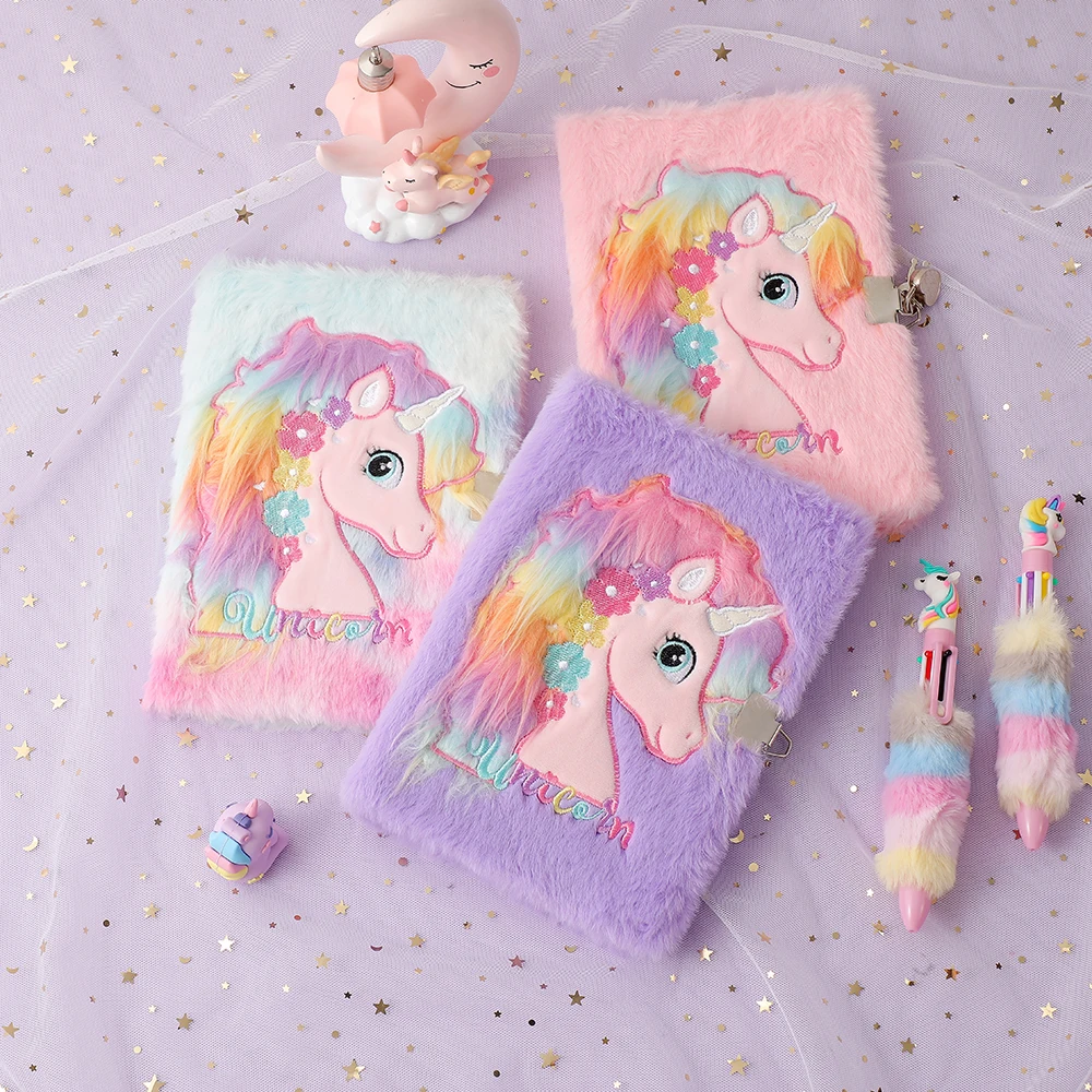 2023 New Cartoon Plush Locked A5 Notebook for Children\'s Cute Unicorn Diary Book Student Gift Reward