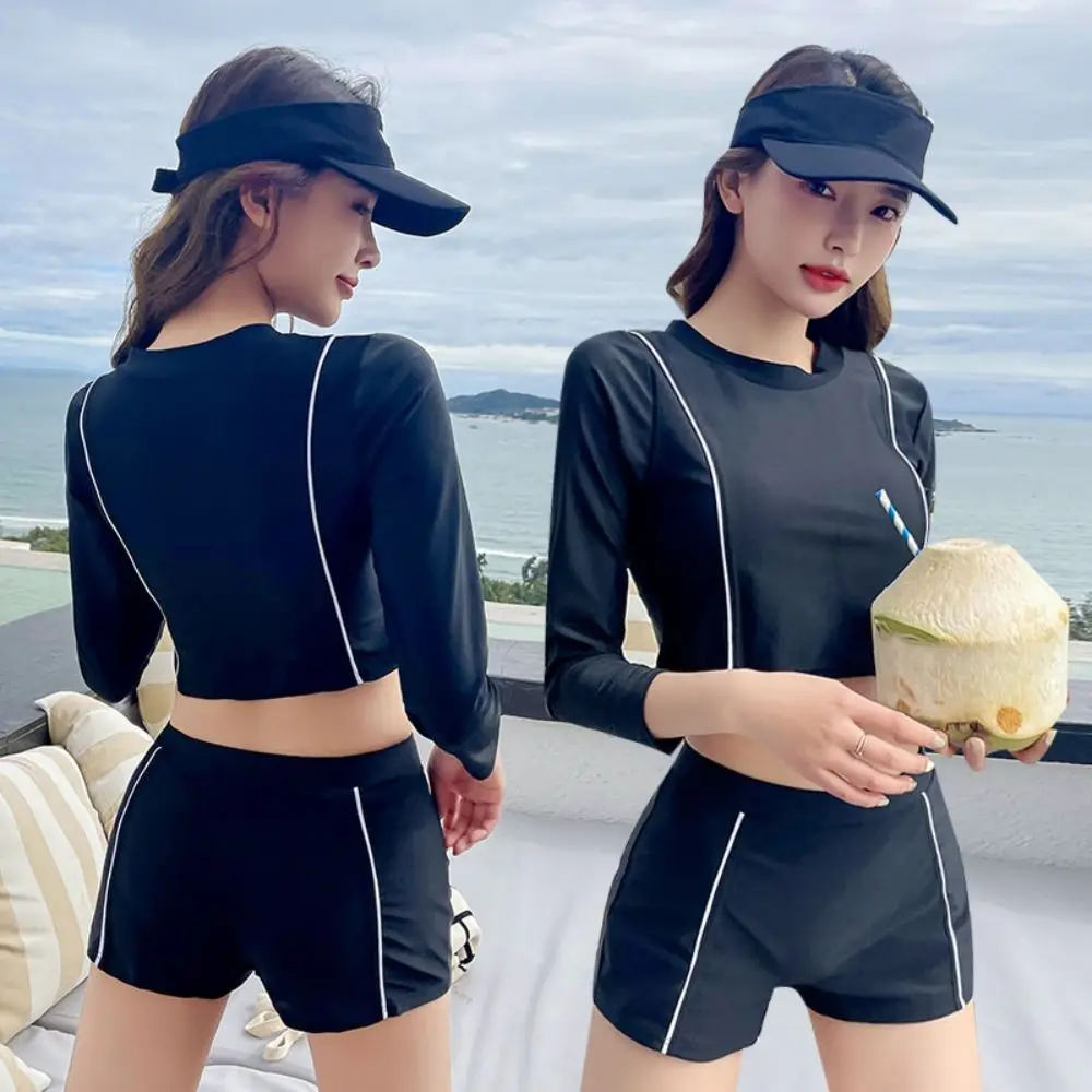 

Patchwork Design Women's Swimming Suit High Waisted Slimming Fit Long Sleeve Swimwear Sunscreen Fabric With Shorts