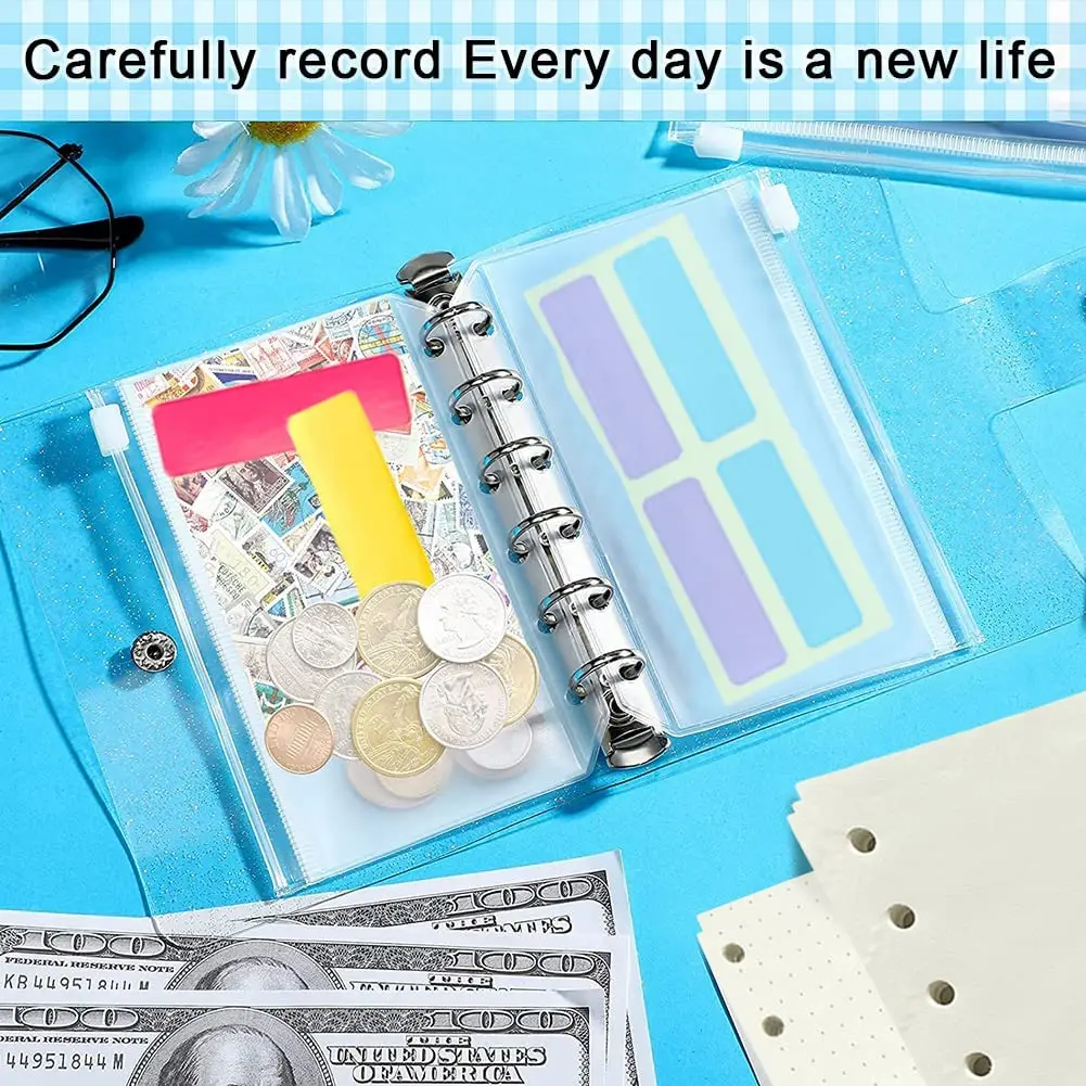 A7 Clear Soft PVC  Refillable Notebook Cover Mini Journal Binder, with 80 Paper Inserts, 2 Zipper Binder Pockets,Label Stickers