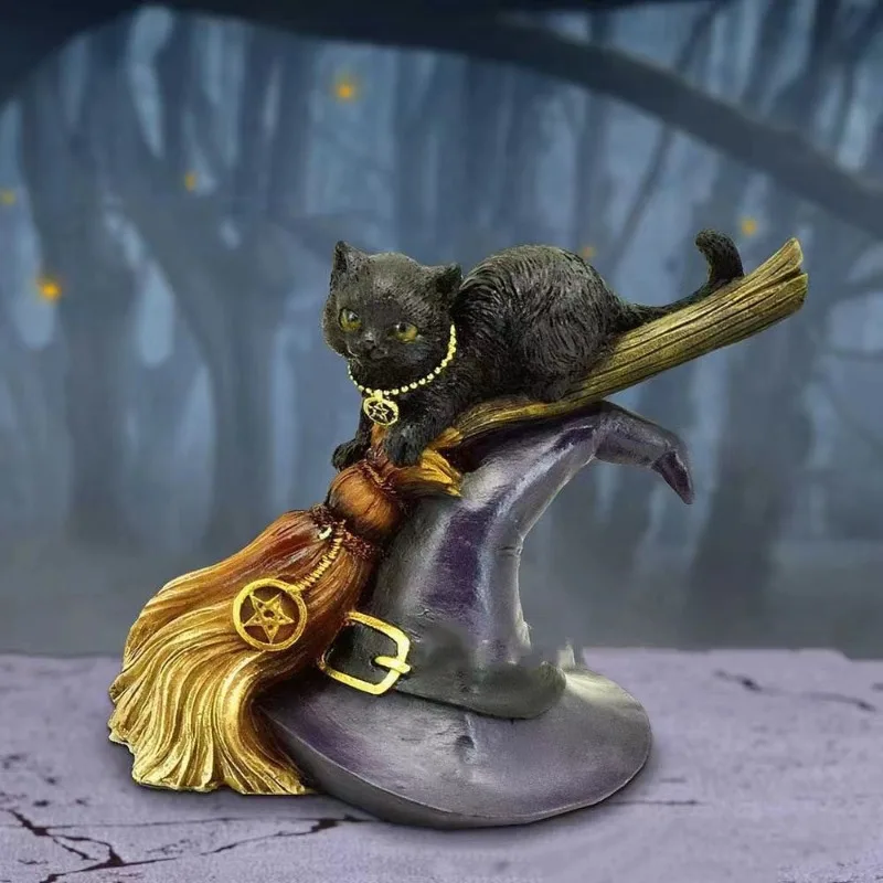 Black Cat Broom Statue, Resin Crafts Table Art Gift Home Decoration Statue Halloween Desktop