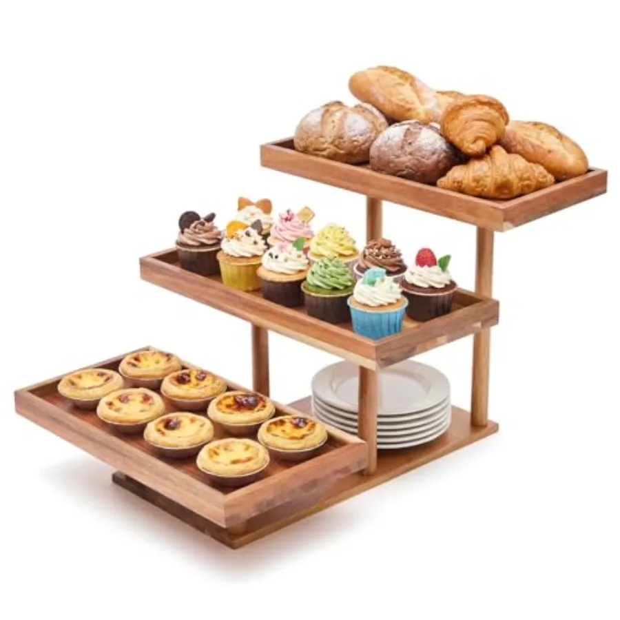 

3 Tier Acacia Wood Cupcake Stand Large Capacity Dessert Display with Serving Trays for Birthday Tea Parties Wedding Buffet and