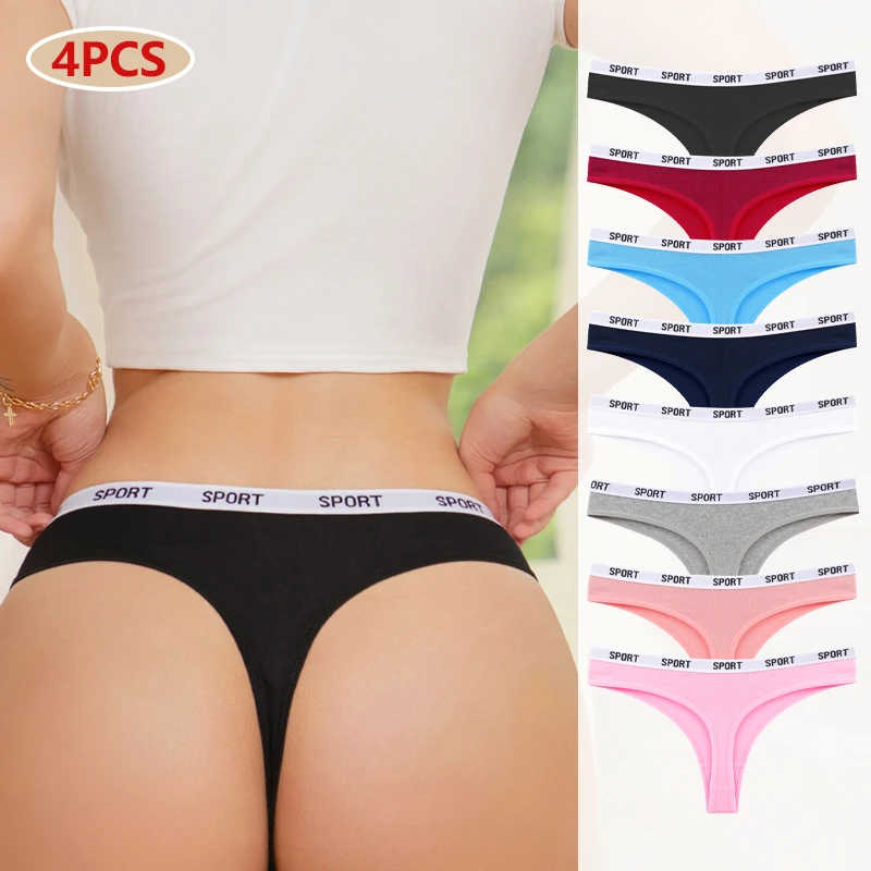 4Pcs/Set Cotton Thongs Underwear for Women Sexy Low-Waist Letter Belt Panties Comfortable Sports T-Back Stretchy Bikini Lingerie