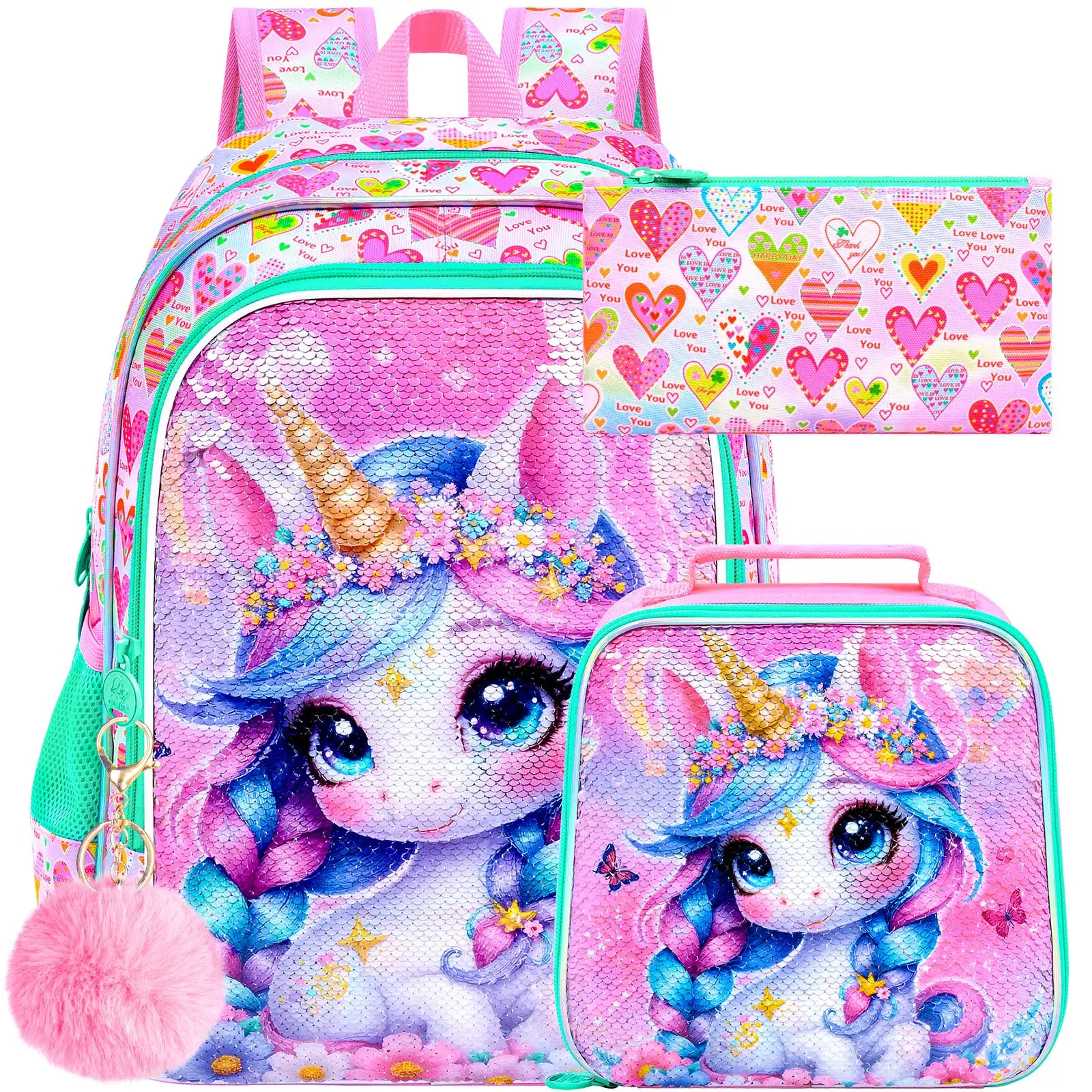 kid's-backpack-3pcs-16-inch-uv-print-sequin-double-braids-unicorn-school-bag-set-one-backpack-handbag-pencil-case-for-girls