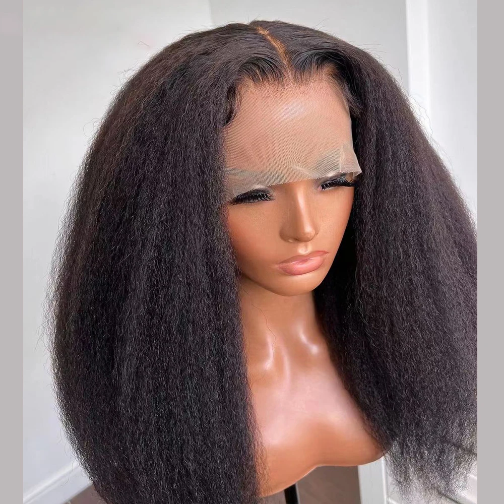 Soft Preplucked Deep 180%Density Glueless Yaki 26 Inch Long Kinky Straight Lace Front Wig For Women Babyhair Natural Black Daily