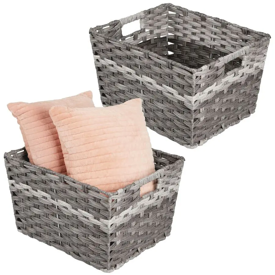 

Wide Rectangular Woven Braided Rope Home Storage Baskets with Handles for Organizing Closet, Bedroom, Bathroom, Living Room, Ent