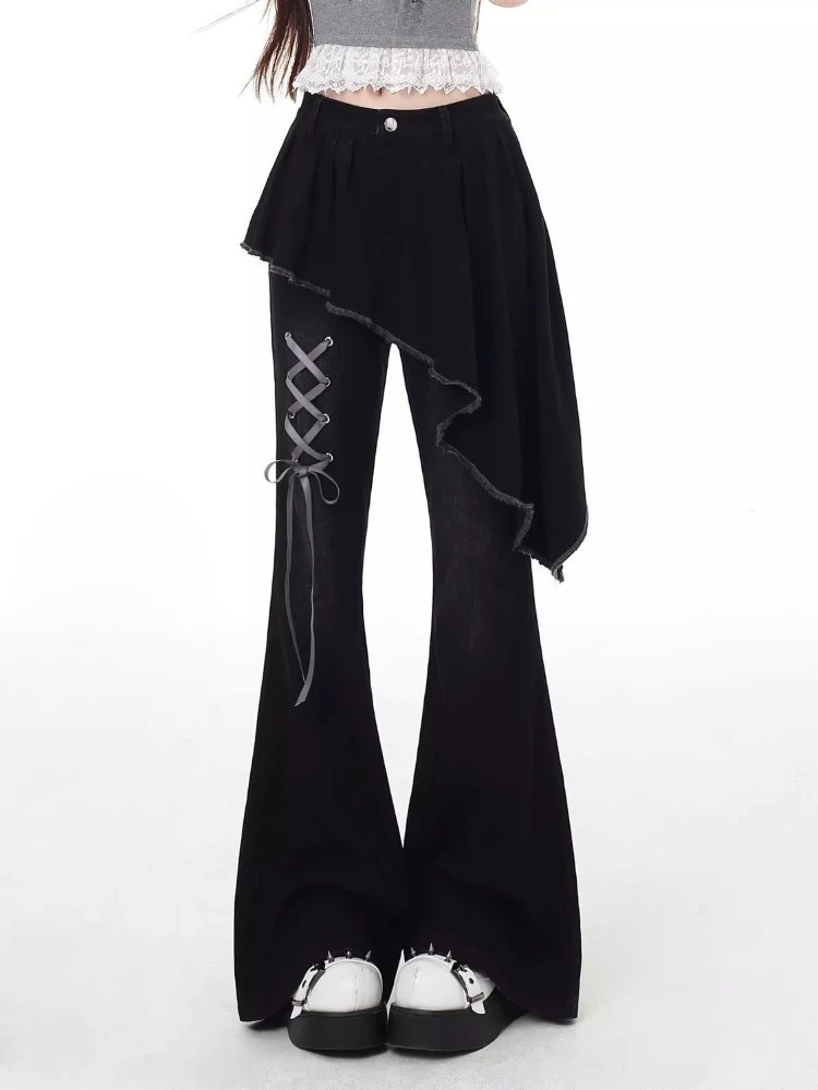 

All-match Fake Two Piece Black Bell Bottom Jeans Y2k High Waist Straight Trousers 2025 Summer New Loose Wide Leg Shorts