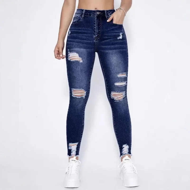 

2026 Hole Stretch Skinny Jeans Women's Casual Pants Spring Summer Washed Denim Slim Pencil Trousers Distressed Streetwear Jeans