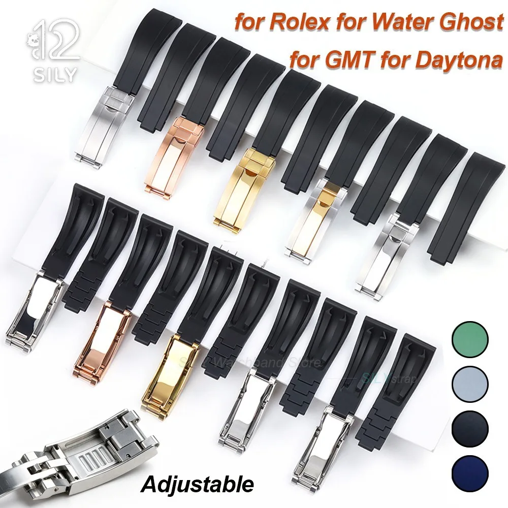 20mm Rubber Silicone Watch Bands for Rolex DAYTONA SUBMARINER GMT Yacht-Master Straps Adjustable Size Men Sports Diving Bracelet