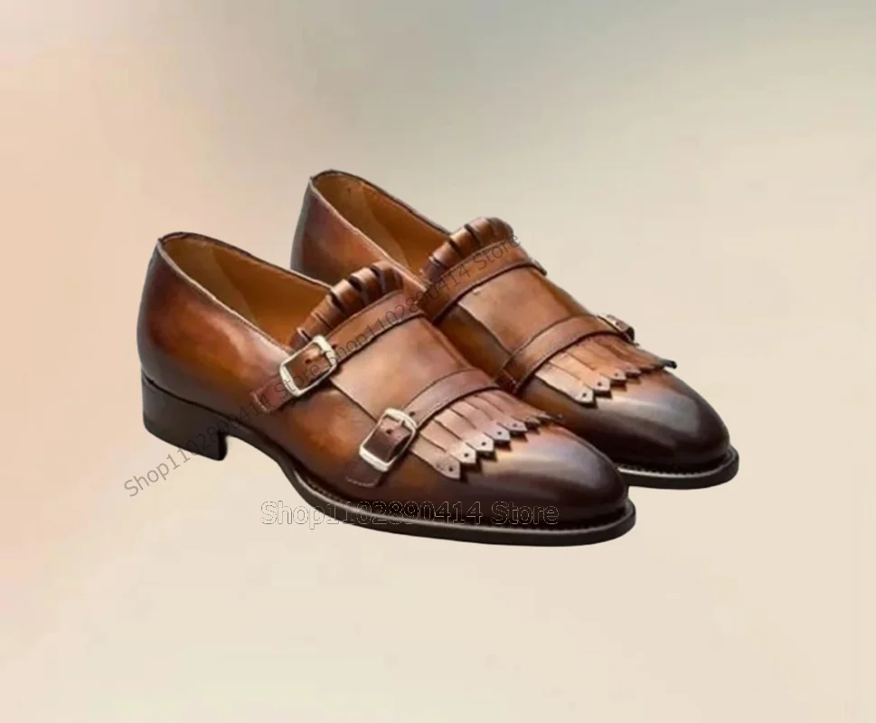 Brown Tassels Buckle Decor Double Monk Men Shoes Fashion Slip On Male Shoes Luxury Handmade Party Office Banquet Men Dress Shoes