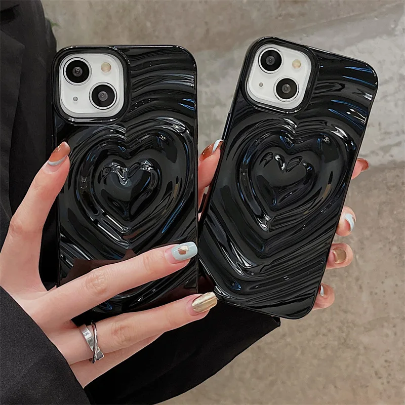 Luxury 3D Love Heart Phone Case For iPhone 11 12 13 14 15 16 Pro Max Solid Color Slicone Bumper Fashion Shockproof Back Cover