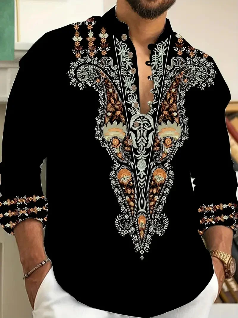 قميص هاواي الرجالي بأكمام طويلة مطبوع عليه زهور للشاطئ، قميص رجالي أنيق جديد مزين بالزهور #5