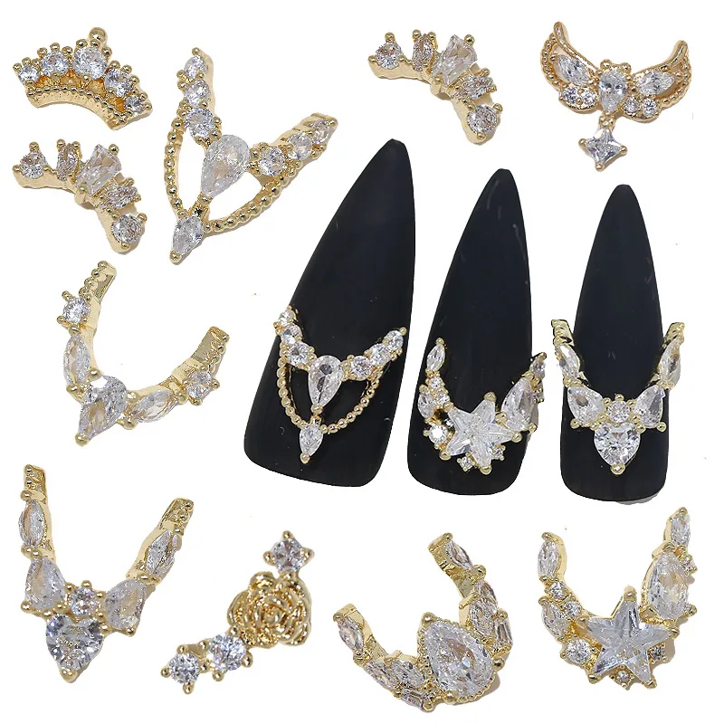 3PCS Luxury Sparkle Full Zircon French Crescent V Edge Gold Pendant Nail Art Rhinestones Jewel Decorations Manicure Top Charms