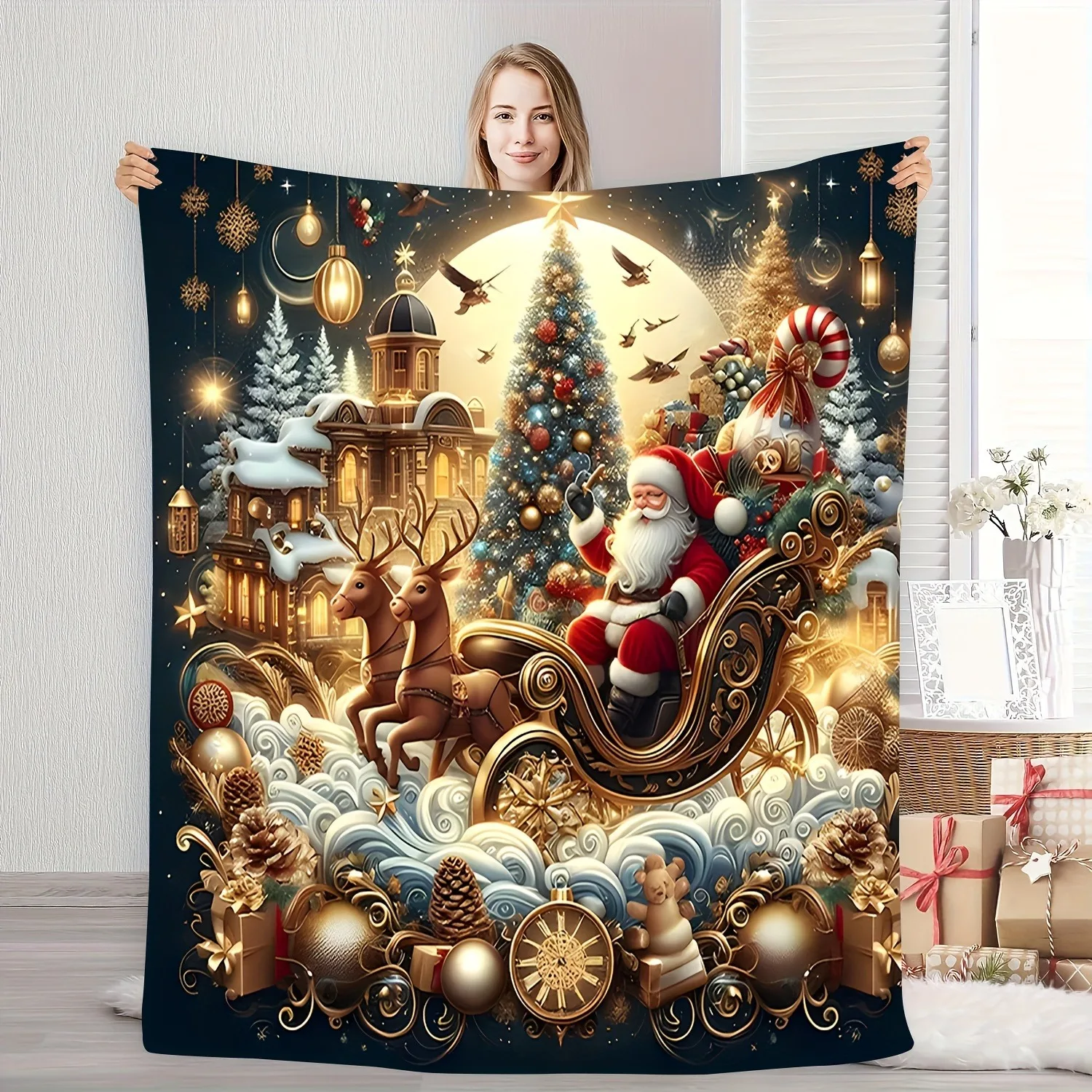 

Santa Claus Reindeer Sled Christmas Tree Sofa Flannel Blanket Suitable For Home Bedding And School Bedding, Essential For Dormit