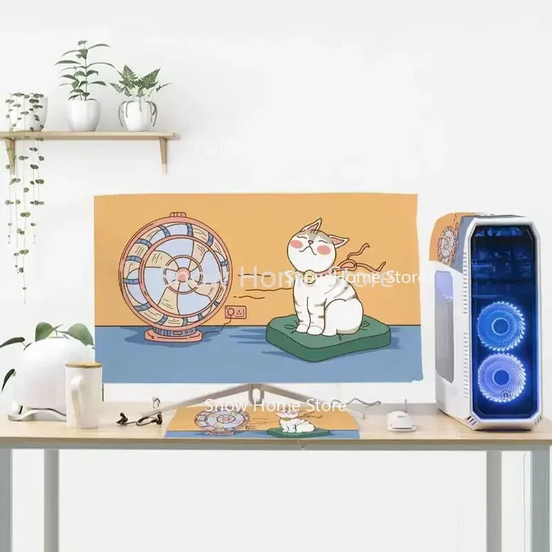 Cute All-inclusive Desktop Computer Dust Cover Set, Full Cover for Monitor Host Keyboard Anti-dust Protective Towel