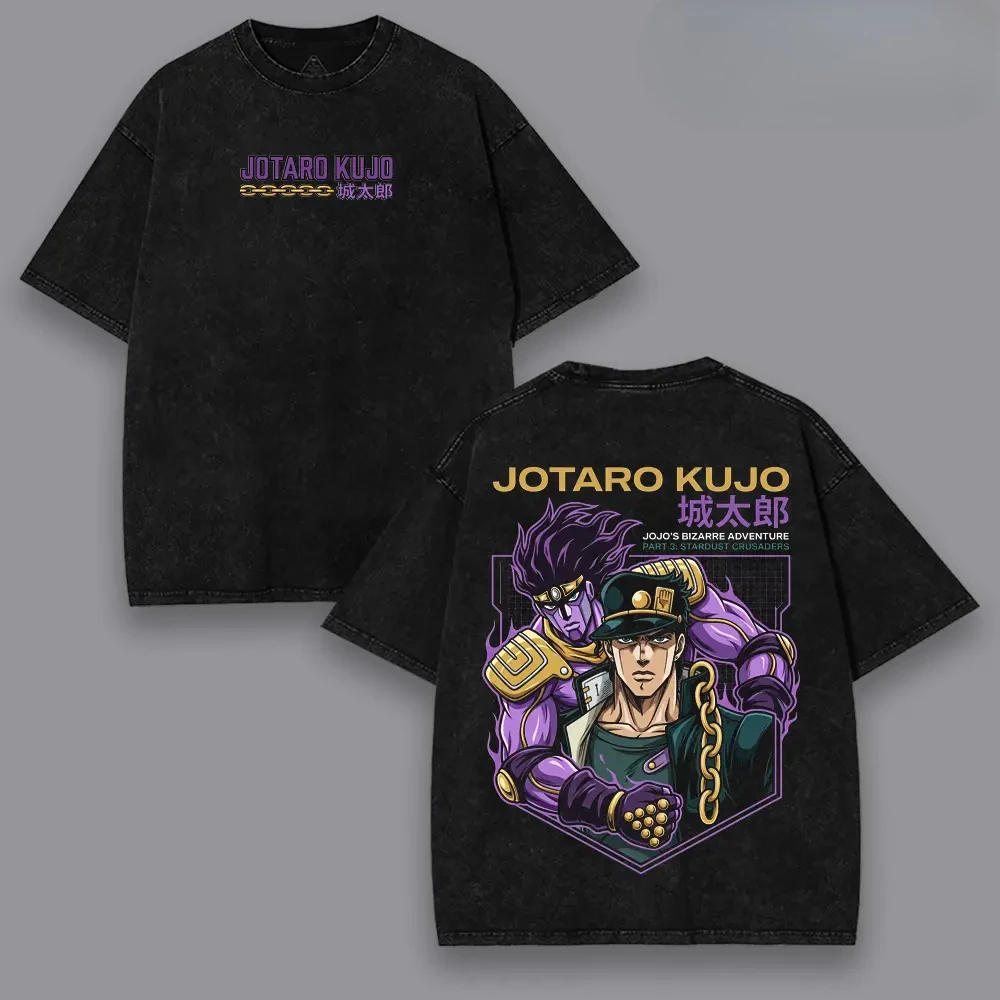 Kujo Jotaro JoJo's Bizarre Adventure T-shirt Washed Oversized Tshirt For Men Clothing Summer Short Sleeve 100% Cotton Tees Tops