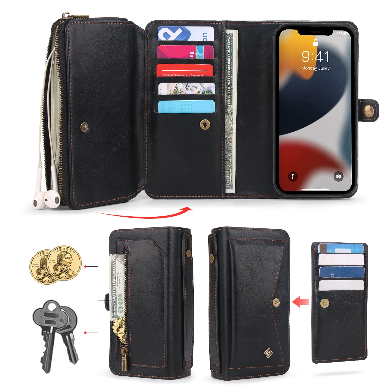 Retro Button Wallet Leather Phone Case For Iphone 13 Pro MAX 12 11 Pro Max 13 Mini XS MAX XR X XS Flip Cover Can Be Disassembled