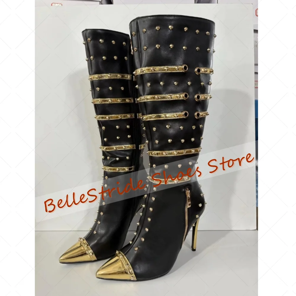 Black Rivets Side Zipper Decor Boots Pointed Toe Women Shoes Stilettos High Heels Party Banquet Dating 2025 Zapatos Para Mujere