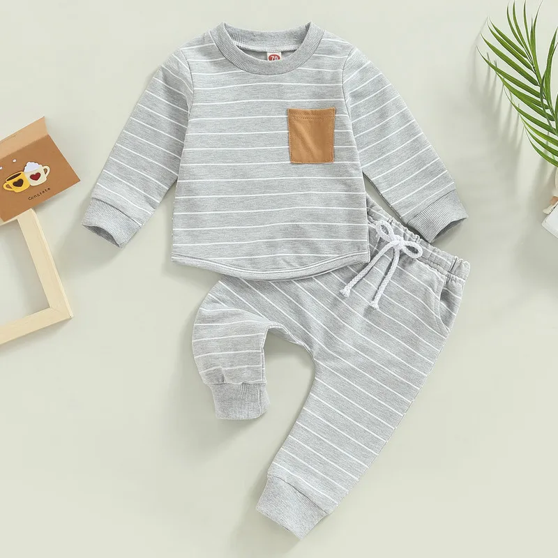 Newborn Boy Autumn Clothes Striped Long Sleeve Sweatshirt and Elastic Waist Sweatpants Pant Sets Outfit Baby Clothing