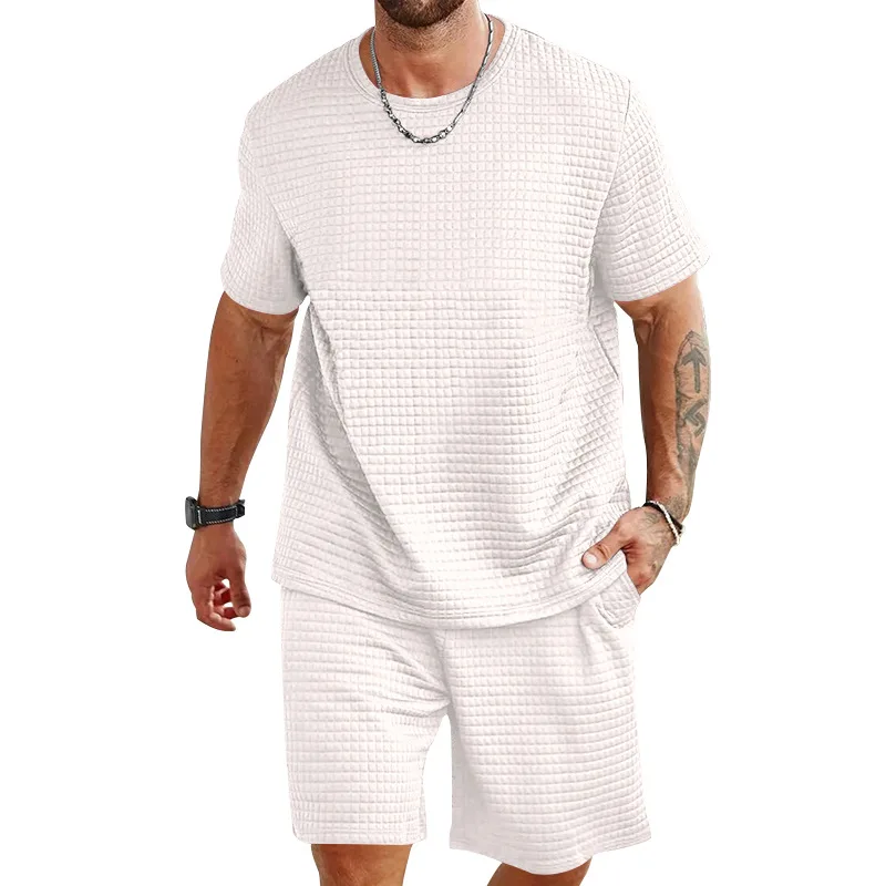 

Men's sports and leisure suit Solid color crew neck T-shirt shorts 2-piece fashion men's summer suit