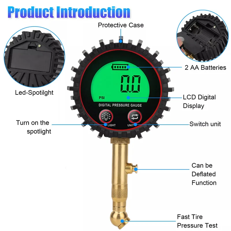 Medidor de presión de neumáticos con retroiluminación, pantalla LCD Digital, 3-255PSI, para coches, camiones y bicicletas