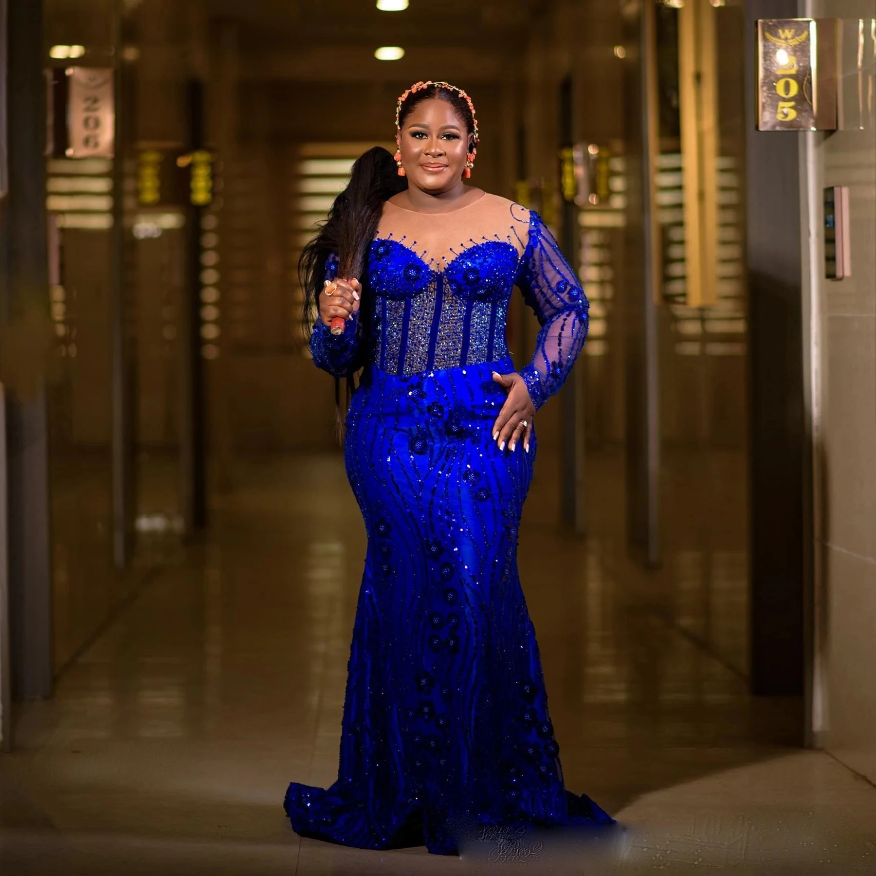 

Королевские синие африканские вечерние платья Aso Ebi с длинными рукавами, кружевные блестящие праздничные платья, выпускные платья для чернокожих девушек, индивидуальный пошив 2026