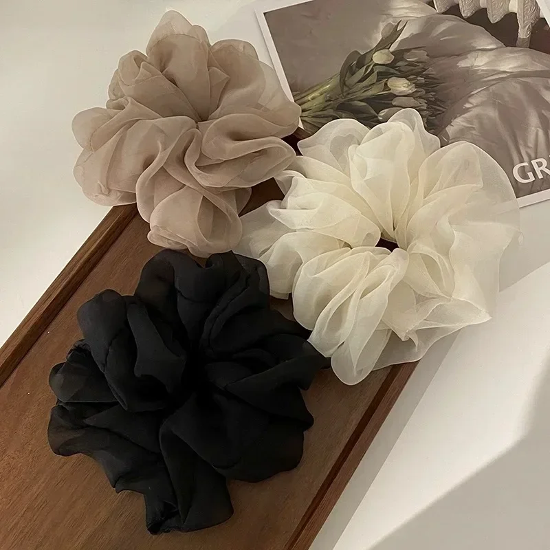 Woman Large Solid Color Chiffon Scrunchies Girls Sweet Rubber Band Lady Hair Accessories Hair Ties Ponytail Holders Ornaments